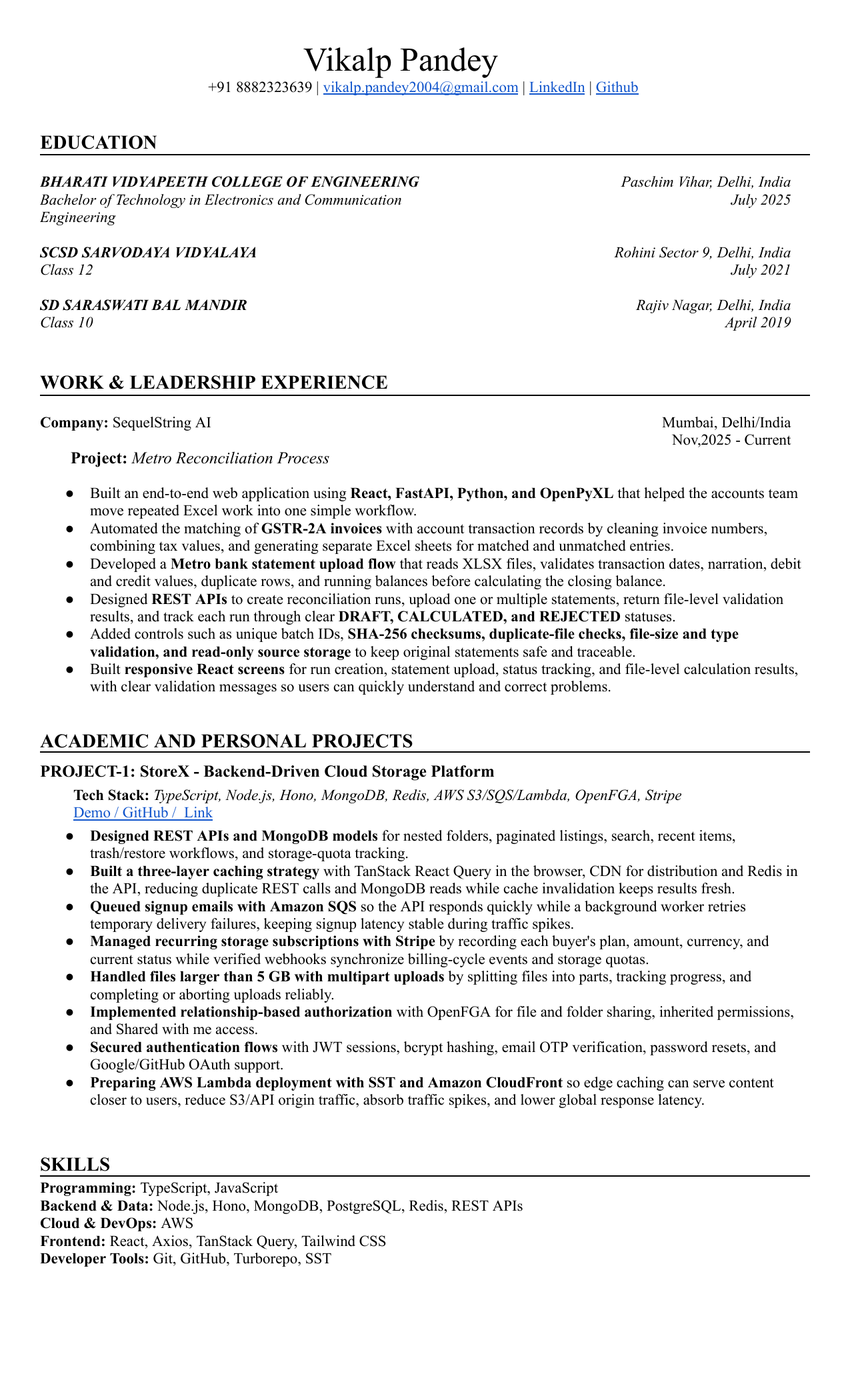 Preview of Vikalp Pandey's resume